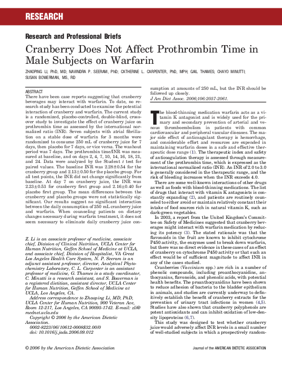 (PDF) Cranberry Does Not Affect Prothrombin Time in Male Subjects on Warfarin Catherine