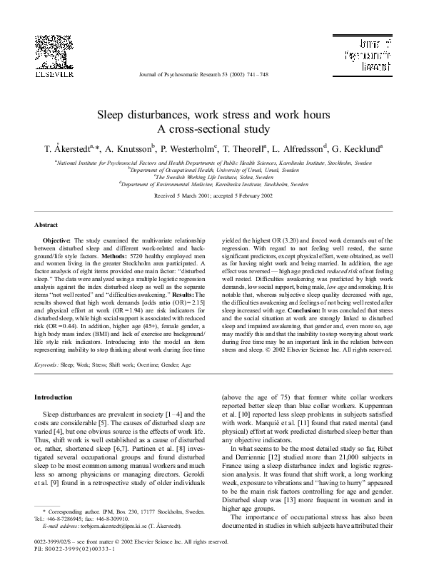 (PDF) Sleep disturbances, work stress and work hours