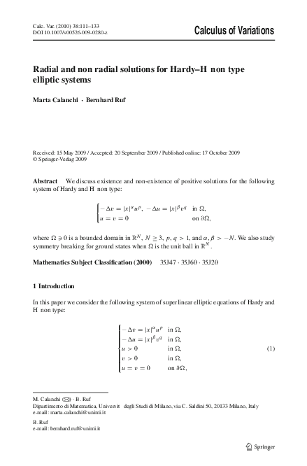 (PDF) Radial and non radial solutions for Hardy–Hénon type elliptic systems