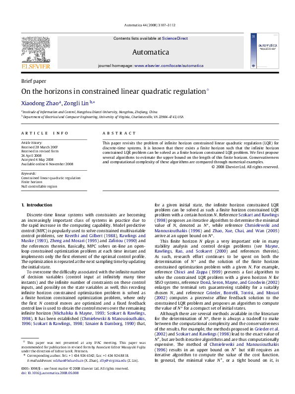 (PDF) On the horizons in constrained linear quadratic regulation