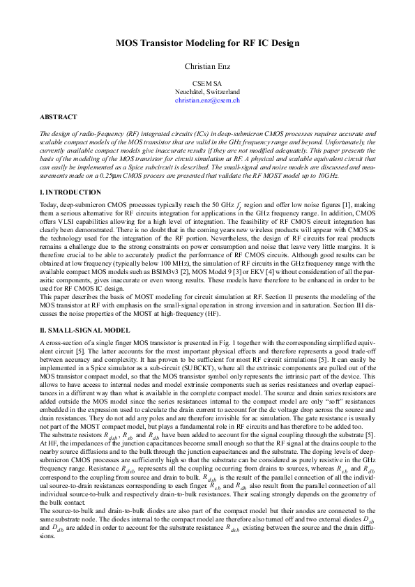 (PDF) MOS transistor modeling for RF IC design Yuhua Cheng Academia.edu