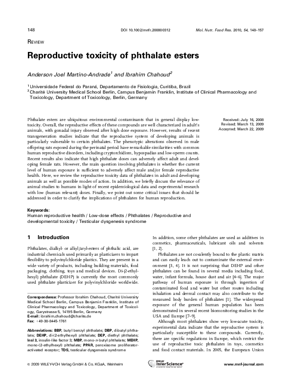 (PDF) Reproductive toxicity of phthalate esters
