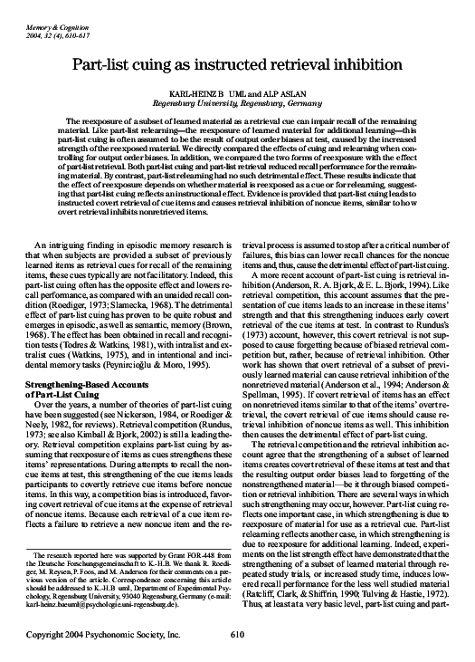 (PDF) Part-list cuing as instructed retrieval inhibition