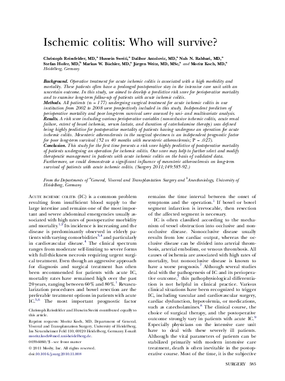 (PDF) Ischemic colitis Who will survive? Stefan Höfer Academia.edu