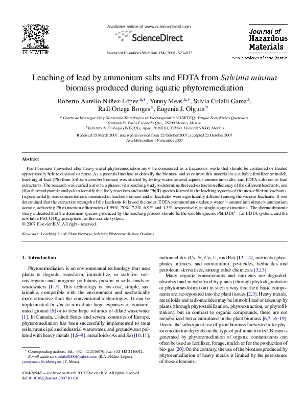 (PDF) Leaching of lead by ammonium salts and EDTA from Salvinia minima ...
