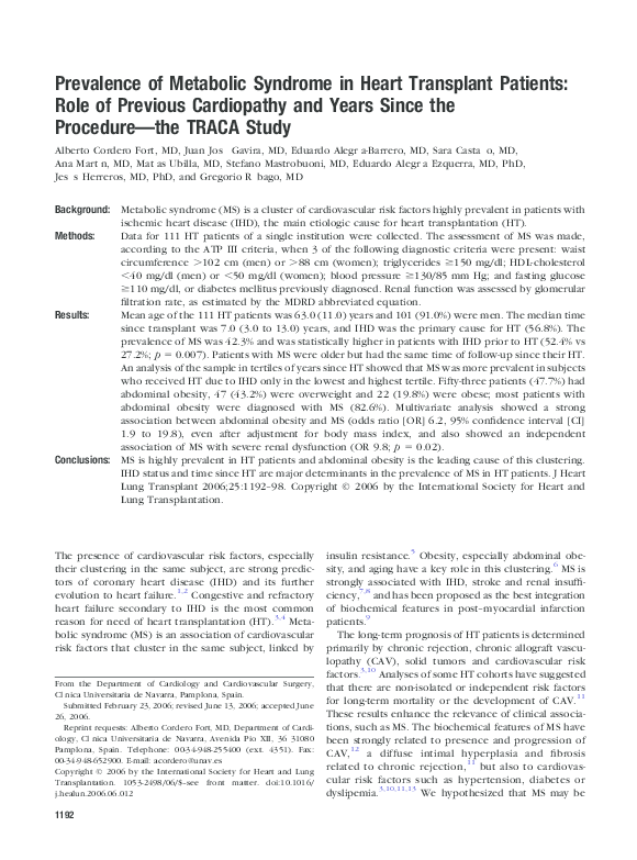 (PDF) Prevalence of Metabolic Syndrome in Heart Transplant Patients ...
