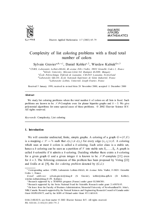 (PDF) Complexity of list coloring problems with a fixed total number of ...
