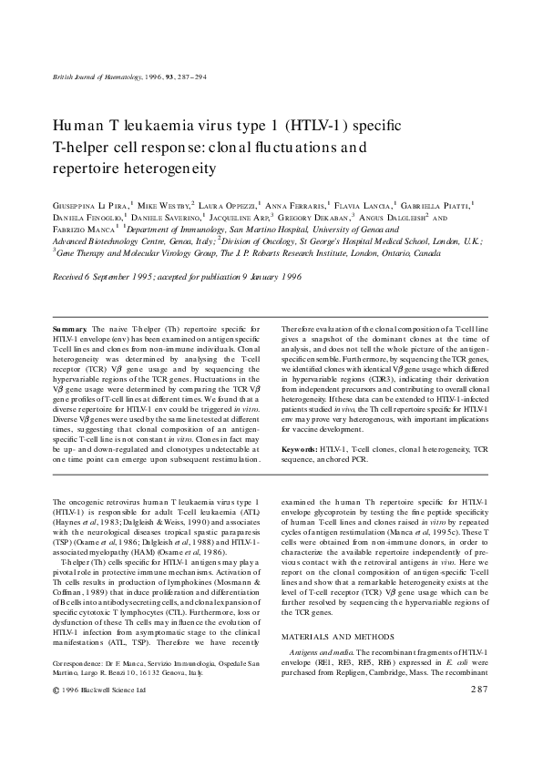 (PDF) Human T leukaemia virus type 1 (HTLV-1) specific T-helper cell ...