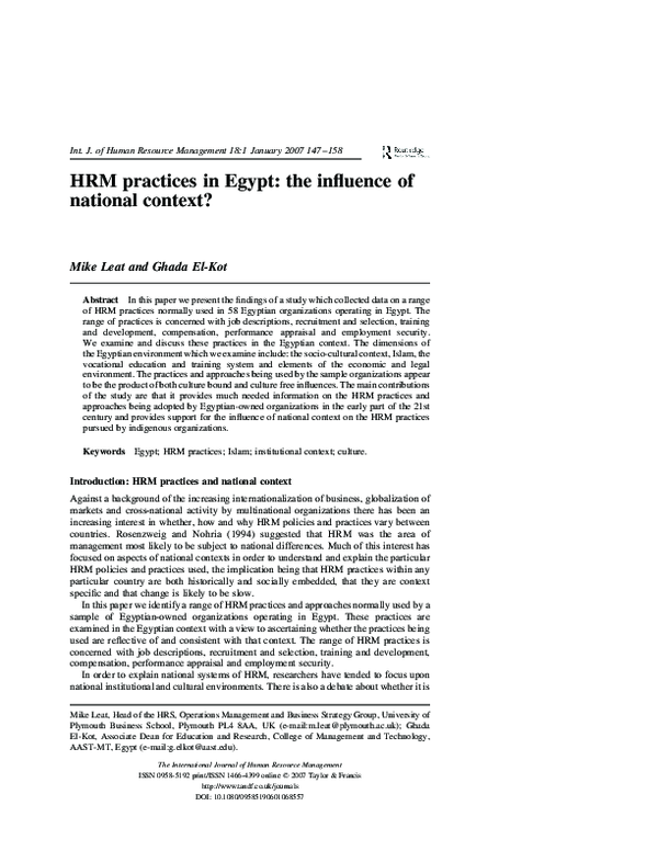 (PDF) HRM practices in Egypt: the influence of national context?