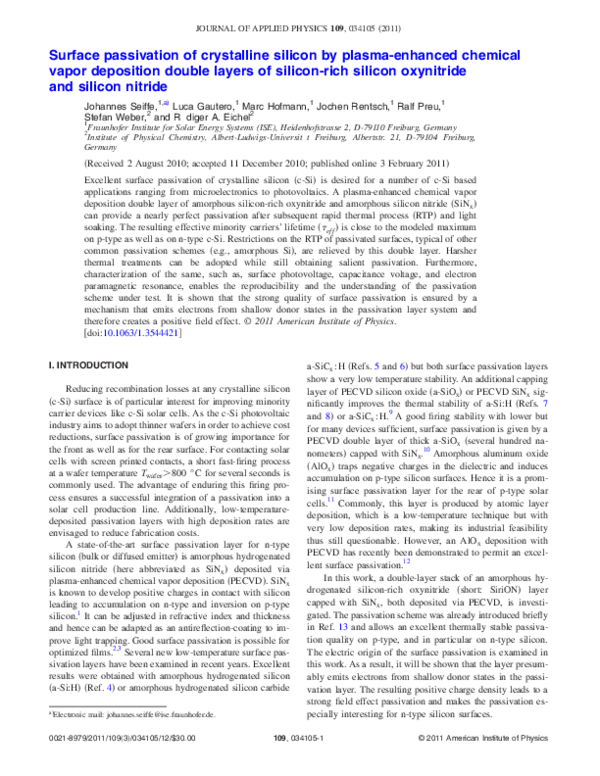 (PDF) Surface passivation of crystalline silicon by plasma-enhanced ...