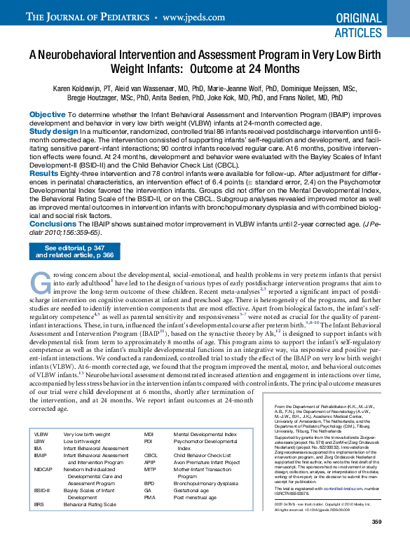 (PDF) A Neurobehavioral Intervention and Assessment Program in Very Low