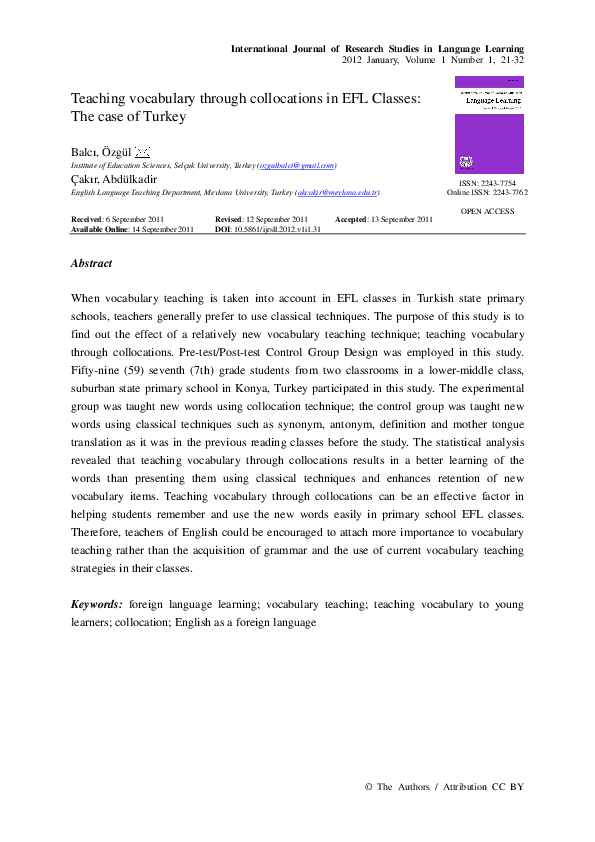 (PDF) Teaching vocabulary through collocations in EFL Classes: The case ...