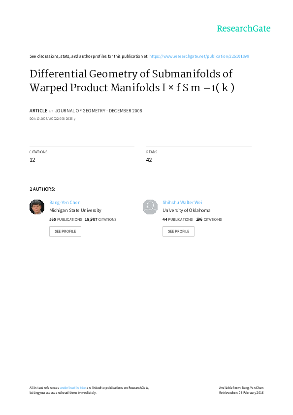(PDF) Differential Geometry of Submanifolds of Warped Product Manifolds