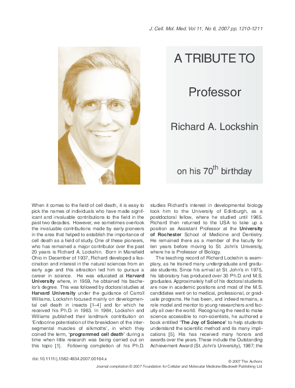 (PDF) A TRIBUTE TO Professor Richard A. Lockshin on his 70th birthday