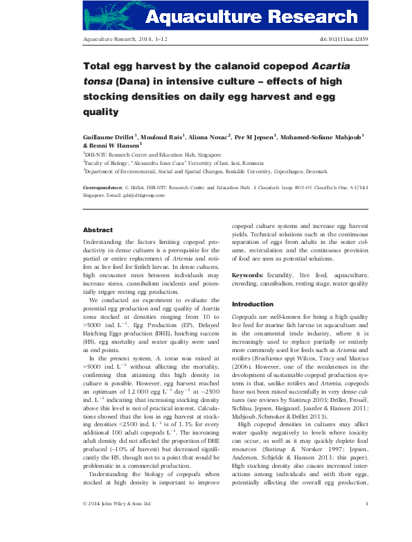 (PDF) Total egg harvest by the calanoid copepod Acartia tonsa (Dana) in ...