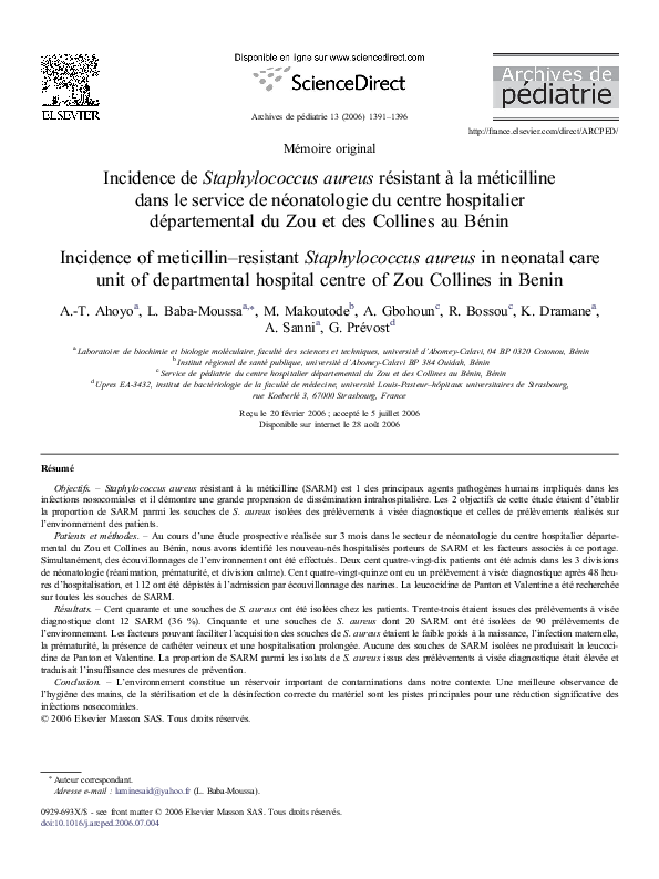 (PDF) Incidence de Staphylococcus aureus résistant à la méticilline