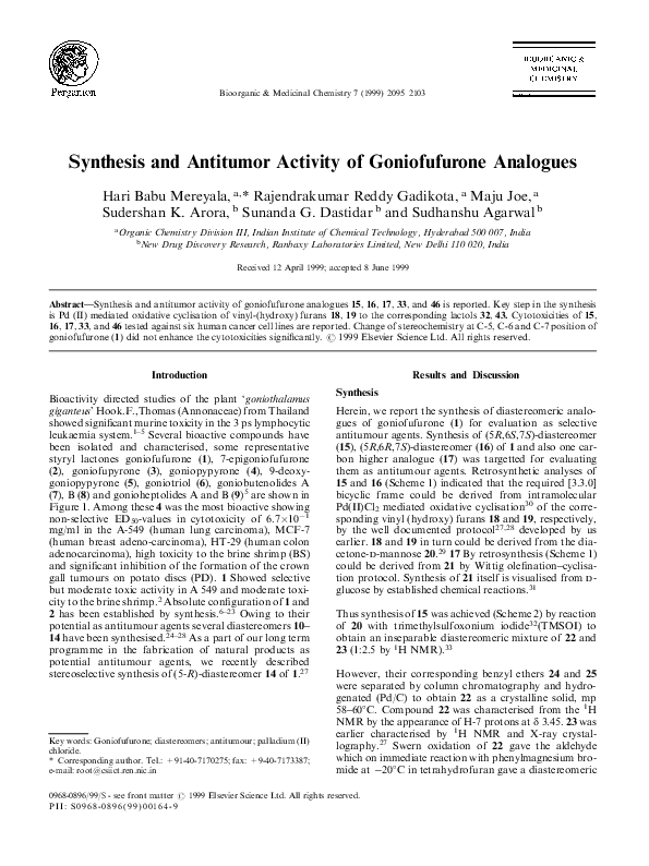 (PDF) Synthesis and antitumor activity of goniofufurone analogues