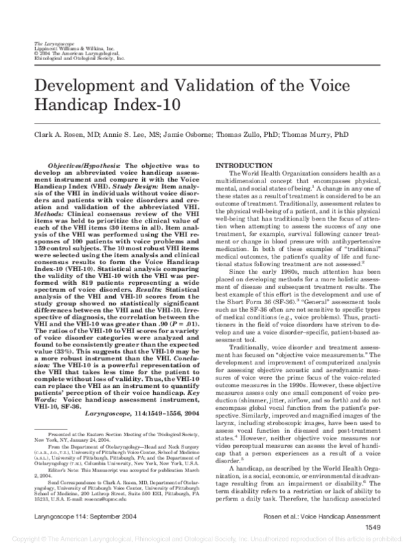 (PDF) Development and Validation of the Voice Handicap Index-10
