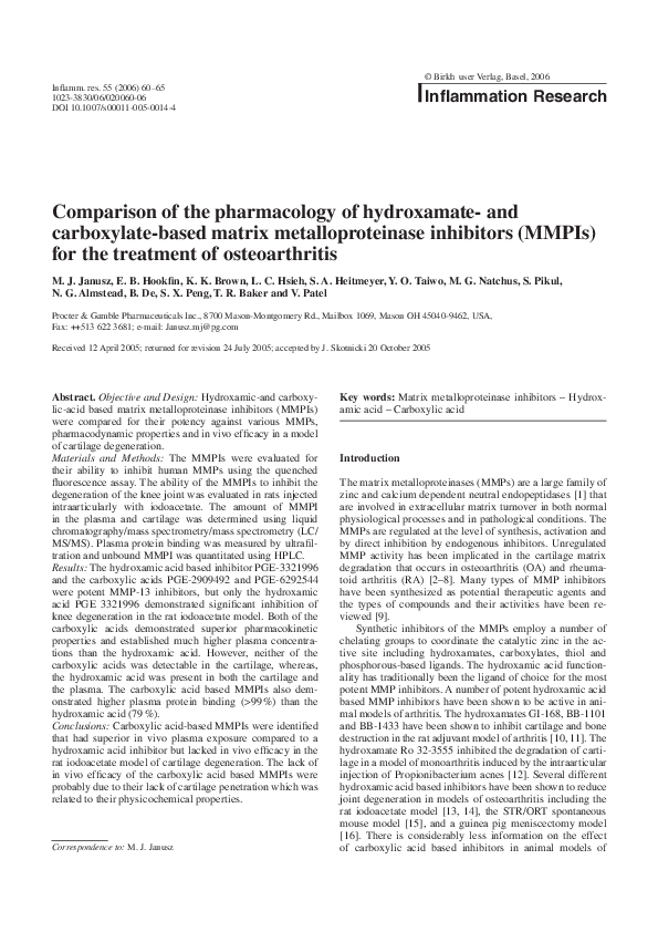 Pdf Comparison Of The Pharmacology Of Hydroxamate And Carboxylate Based Matrix Metalloproteinase Inhibitors Mmpis For The Treatment Of Osteoarthritis Neil Almstead Academia Edu