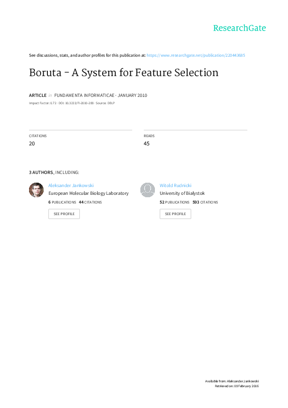 (PDF) Boruta - A system for feature selection