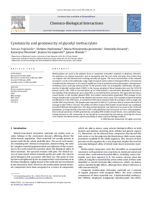 (PDF) Cytotoxicity and genotoxicity of glycidyl methacrylate Janusz