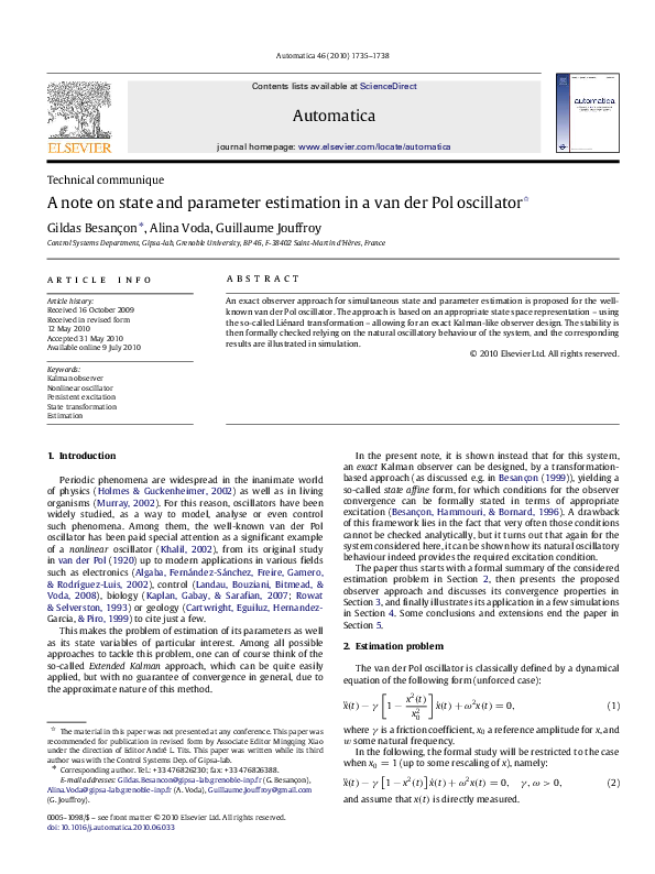(PDF) A note on state and parameter estimation in a van der Pol oscillator