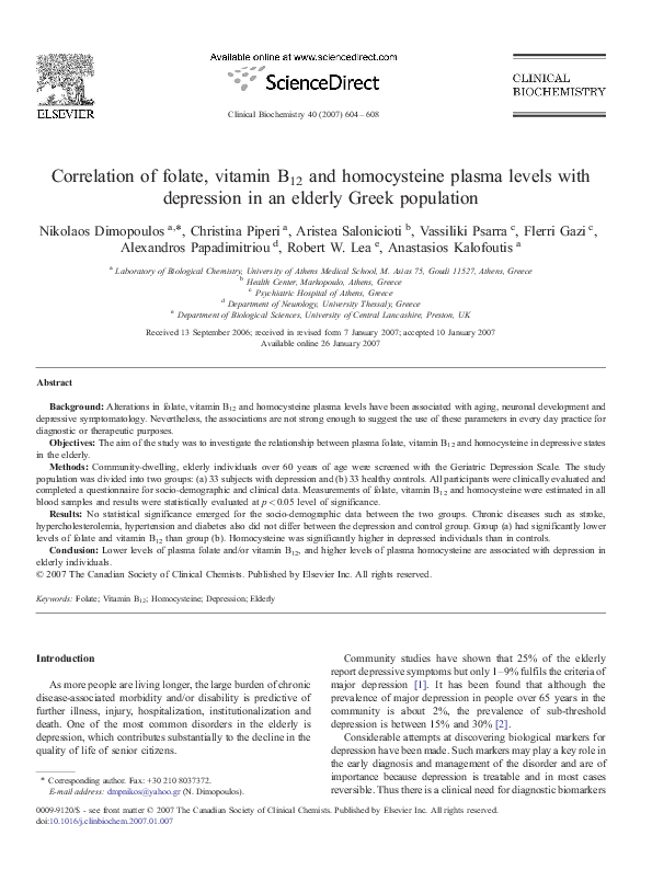 (PDF) Correlation of folate, vitamin B12 and homocysteine plasma levels ...