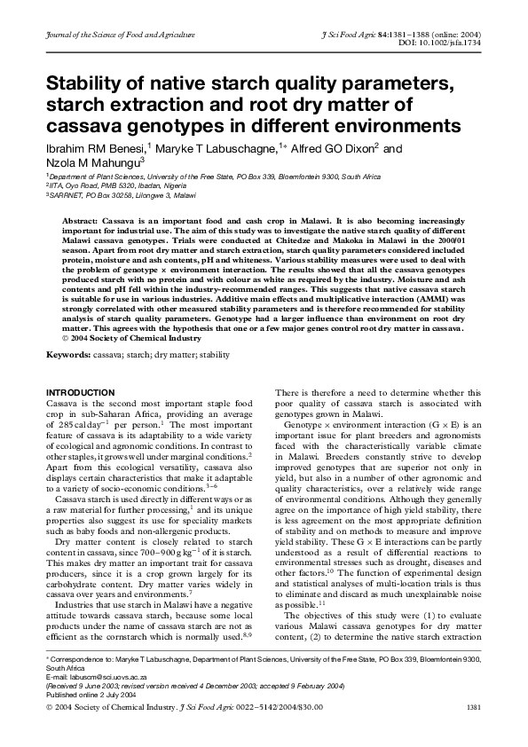 (PDF) Stability of native starch quality parameters, starch extraction