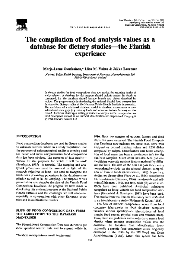 (PDF) The compilation of food analysis values as a database for dietary ...