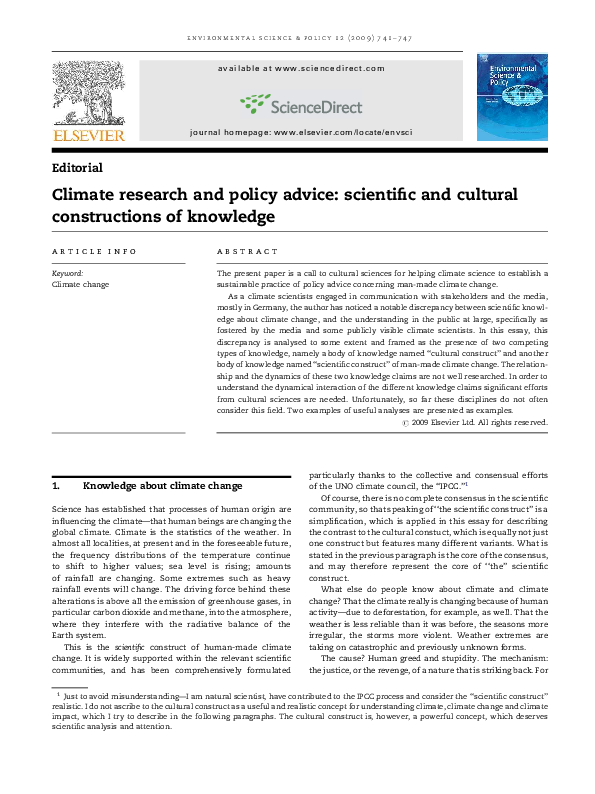 (PDF) Climate research and policy advice: scientific and cultural ...
