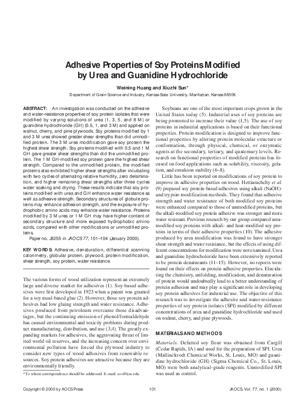 (PDF) Adhesive properties of soy proteins modified by urea and ...