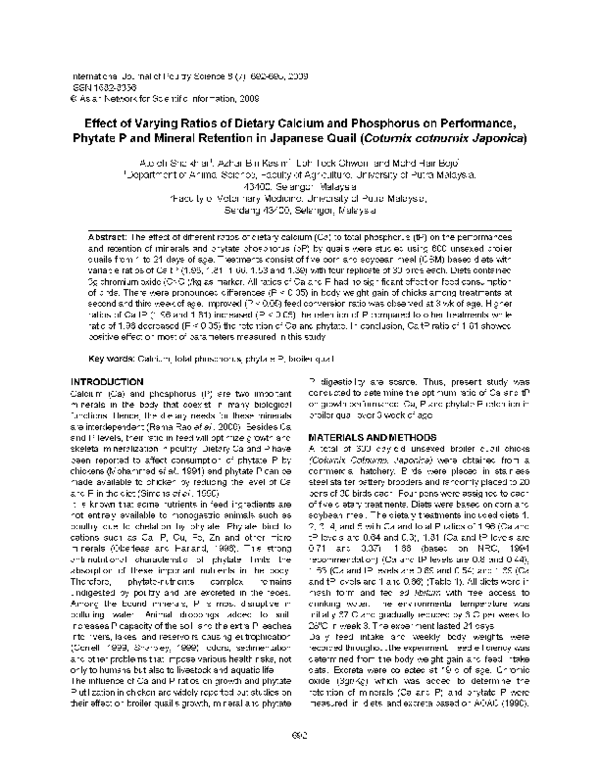 (PDF) Effect of Varying Ratios of Dietary Calcium and Phosphorus on ...