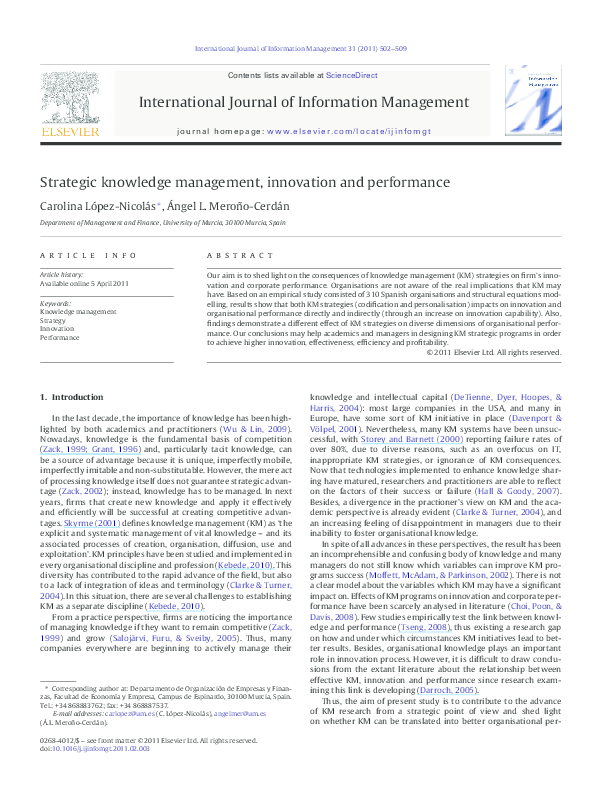 (PDF) Strategic Knowledge Management, Innovation and Performance: A ...