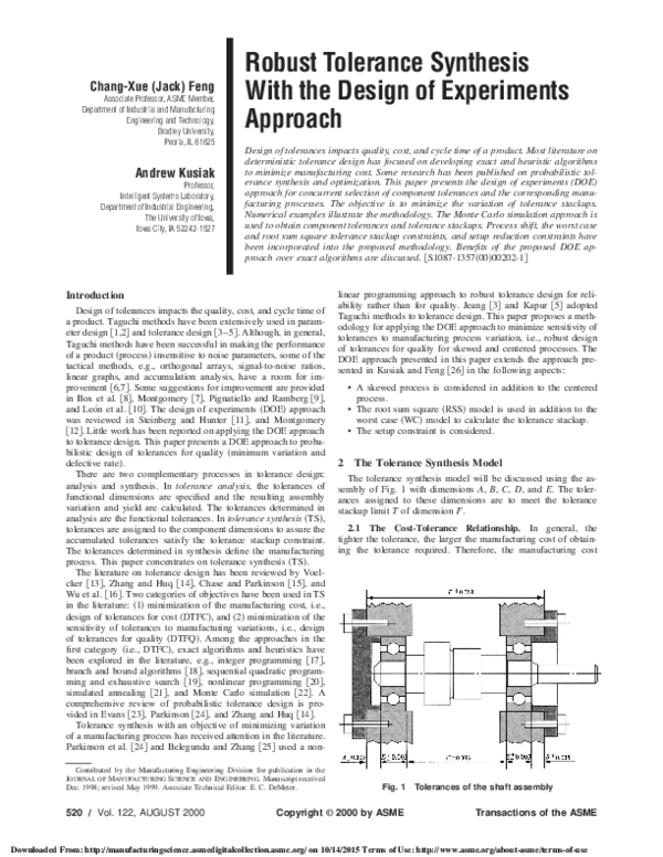 (PDF) Robust Tolerance Synthesis With the Design of Experiments Approach