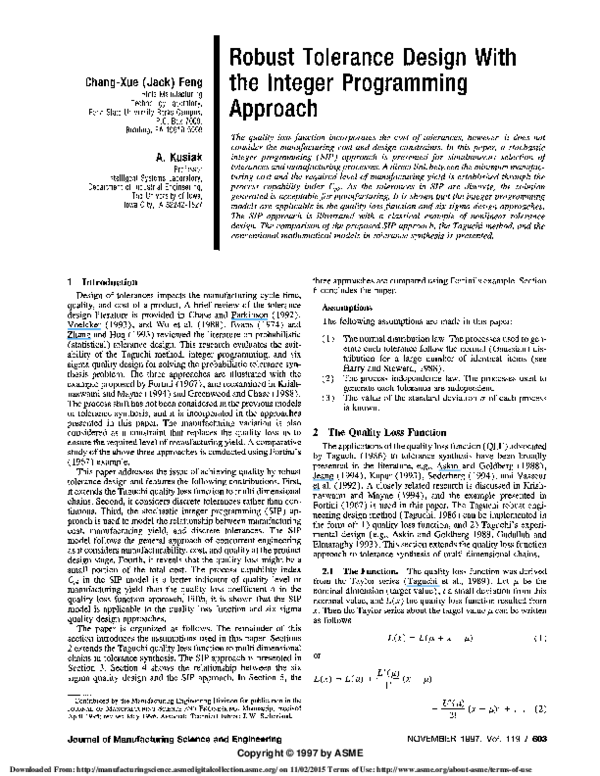 (PDF) Robust Tolerance Design With the Integer Programming Approach