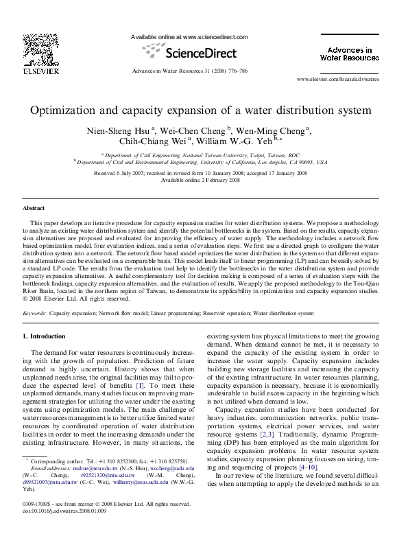 (PDF) Optimization and capacity expansion of a water distribution system