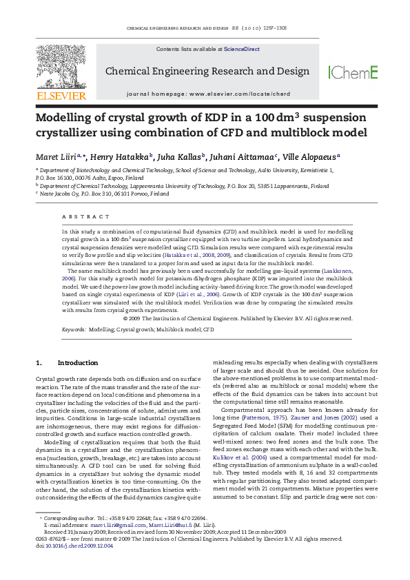 (PDF) Modelling of crystal growth of KDP in a 100dm3 suspension ...