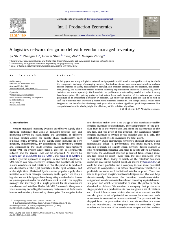 (PDF) A logistics network design model with vendor managed inventory
