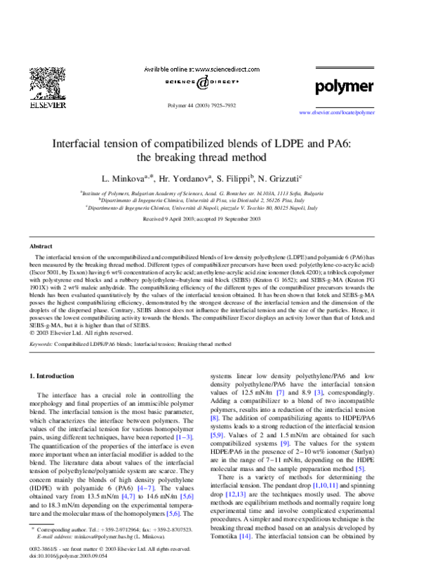(PDF) Interfacial tension of compatibilized blends of LDPE and PA6 the breaking thread method