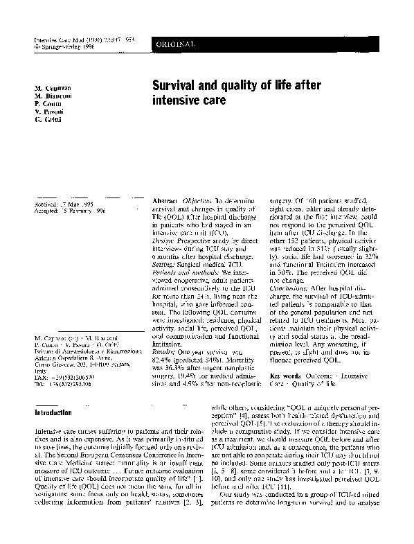 PDF) Survival and quality of life after intensive care | Maurizia ...