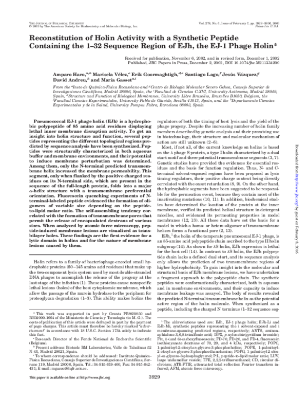 (PDF) Reconstitution of Holin Activity with a Synthetic Peptide ...