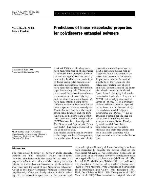 (PDF) Predictions of linear viscoelastic properties for polydisperse ...