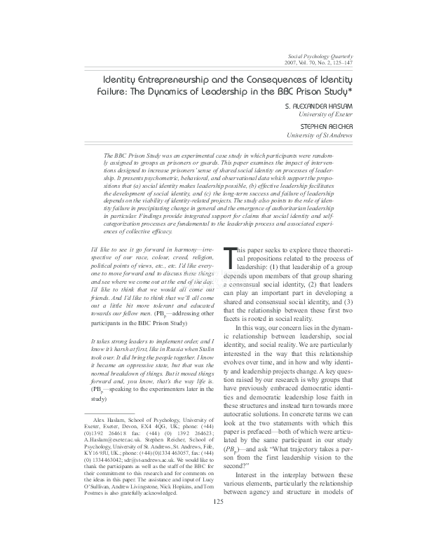(PDF) Identity Entrepreneurship and the Consequences of Identity ...