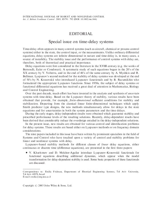 (PDF) Special Issue on Time-Delay Systems