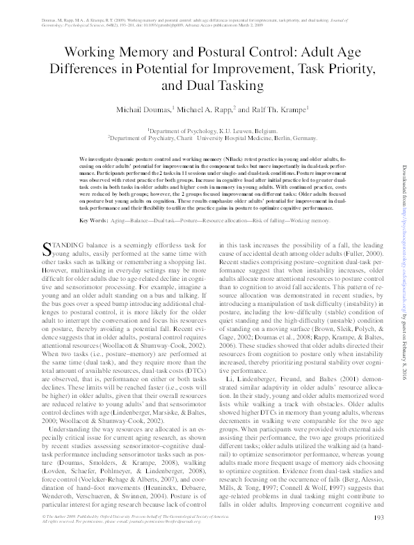 (PDF) Working Memory and Postural Control: Adult Age Differences in ...