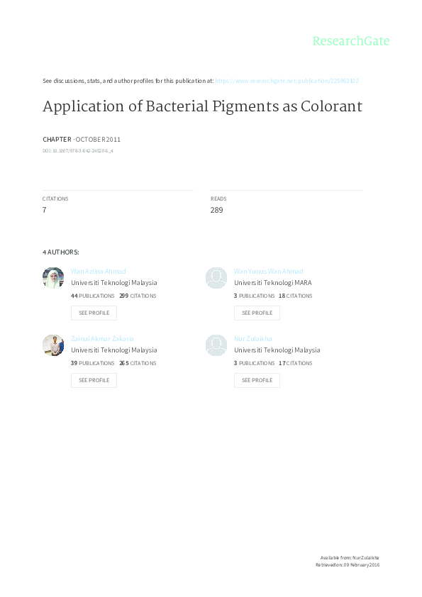 (PDF) Application of Bacterial Pigments as Colorant Zainul Akmar