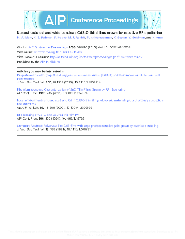 Pdf Nanostructured And Wide Bandgap Cds O Thin Films Grown By Reactive Rf Sputtering Dr Mohammad Aminul Islam Academia Edu