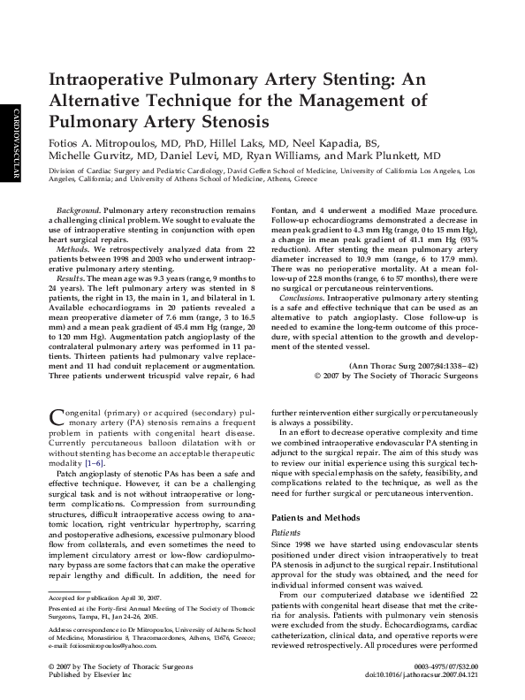 (PDF) Intraoperative Pulmonary Artery Stenting: An Alternative ...