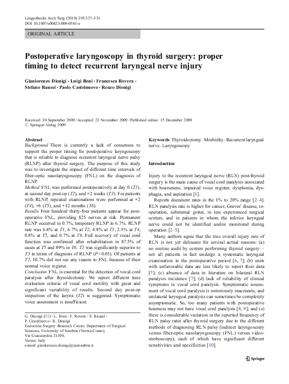 (PDF) Postoperative laryngoscopy in thyroid surgery proper timing to detect recurrent laryngeal