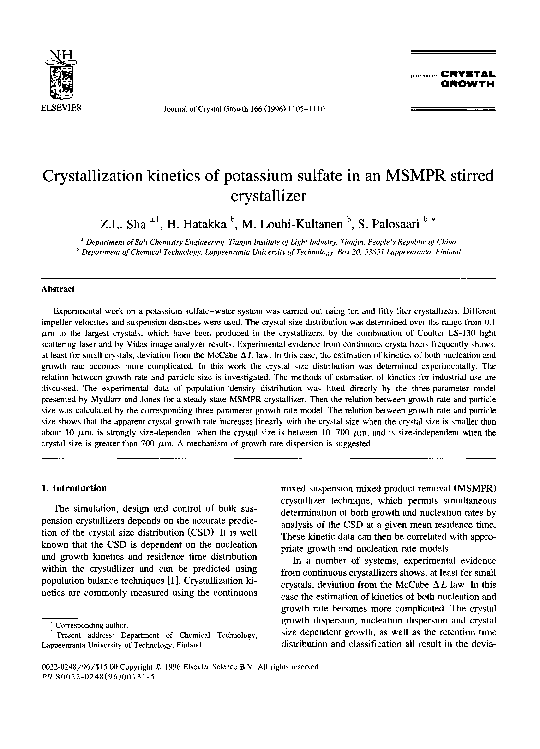 (PDF) Crystallization kinetics of potassium sulfate in an MSMPR stirred ...